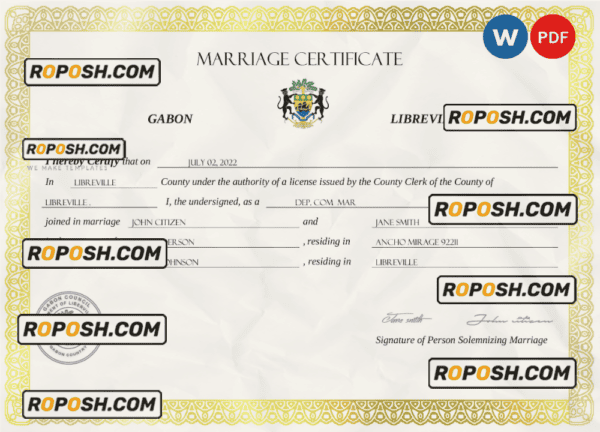 Gabon marriage certificate Word and PDF template, fully editable