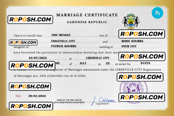 Gabon marriage certificate PSD template, fully editable