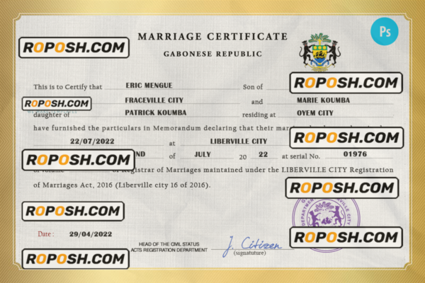 Gabon marriage certificate PSD template, fully editable scan effect