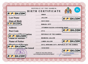 Gambia vital record birth certificate PSD template, fully editable