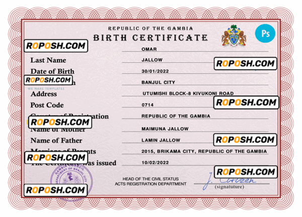 Gambia vital record birth certificate PSD template, fully editable