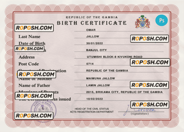 Gambia vital record birth certificate PSD template, fully editable