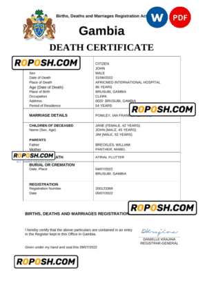 Gambia vital record death certificate Word and PDF template