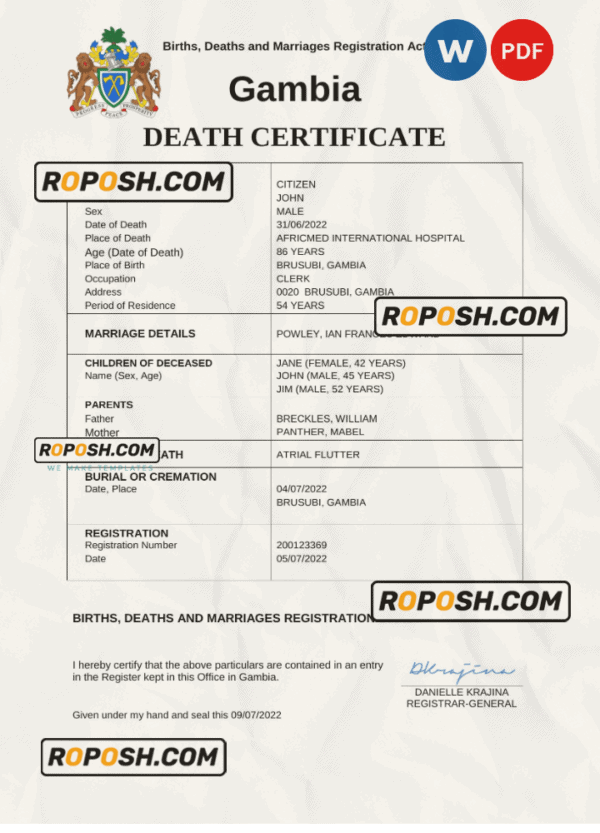 Gambia vital record death certificate Word and PDF template