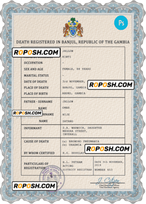 Gambia death certificate PSD template, completely editable