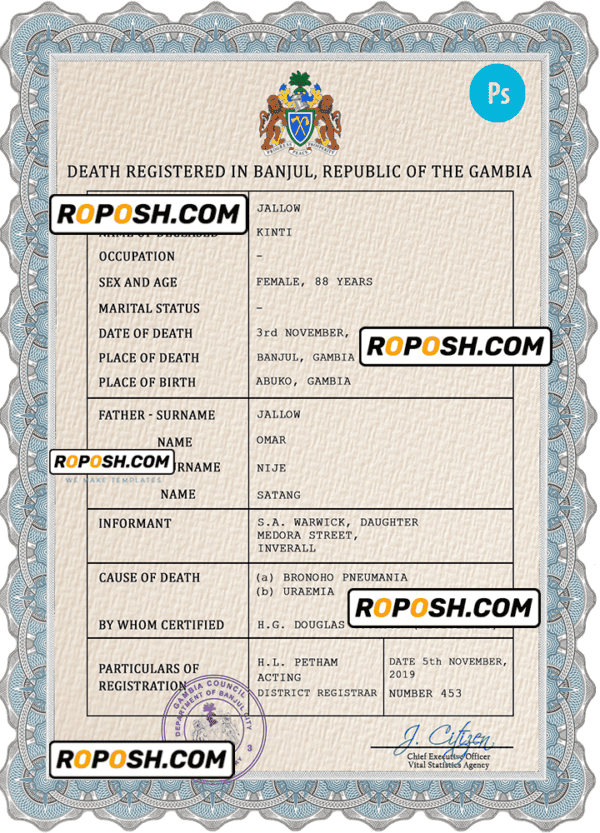 Gambia death certificate PSD template, completely editable