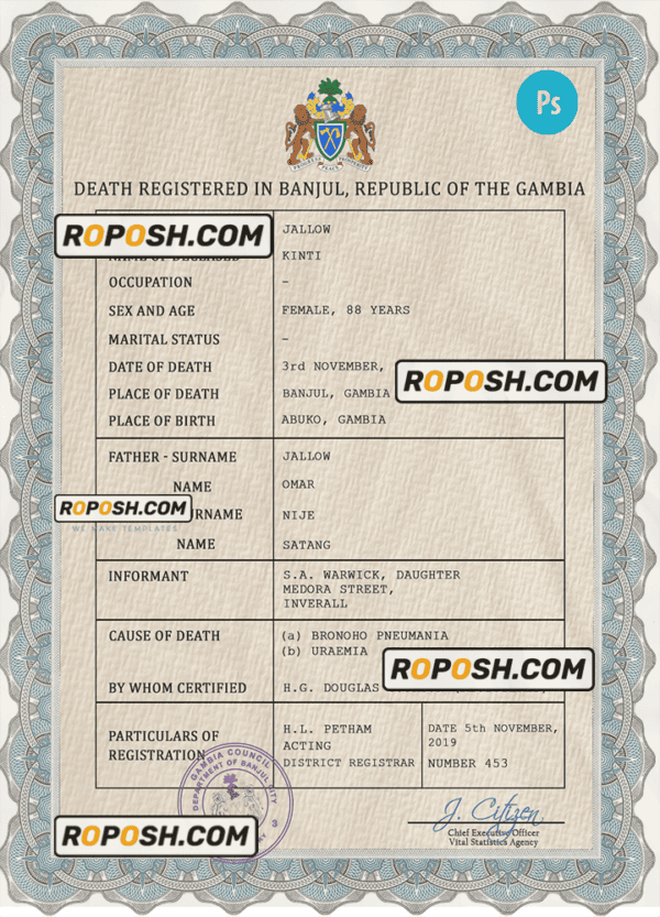 Gambia death certificate PSD template, completely editable