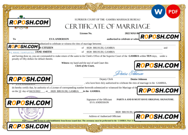 Gambia marriage certificate Word and PDF template, completely editable