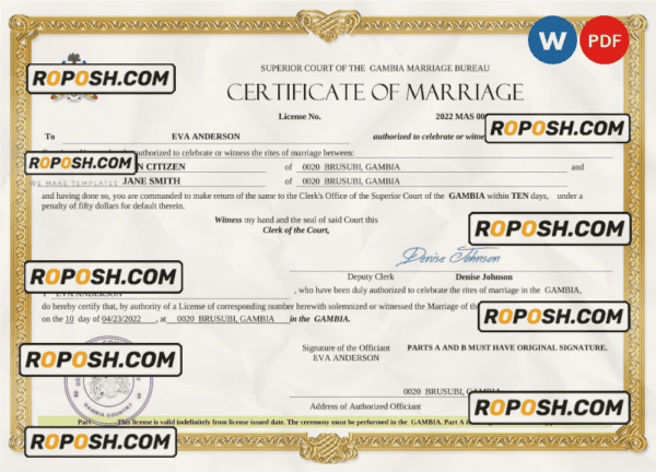 Gambia marriage certificate Word and PDF template, completely editable