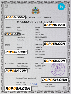 Gambia marriage certificate PSD template, completely editable