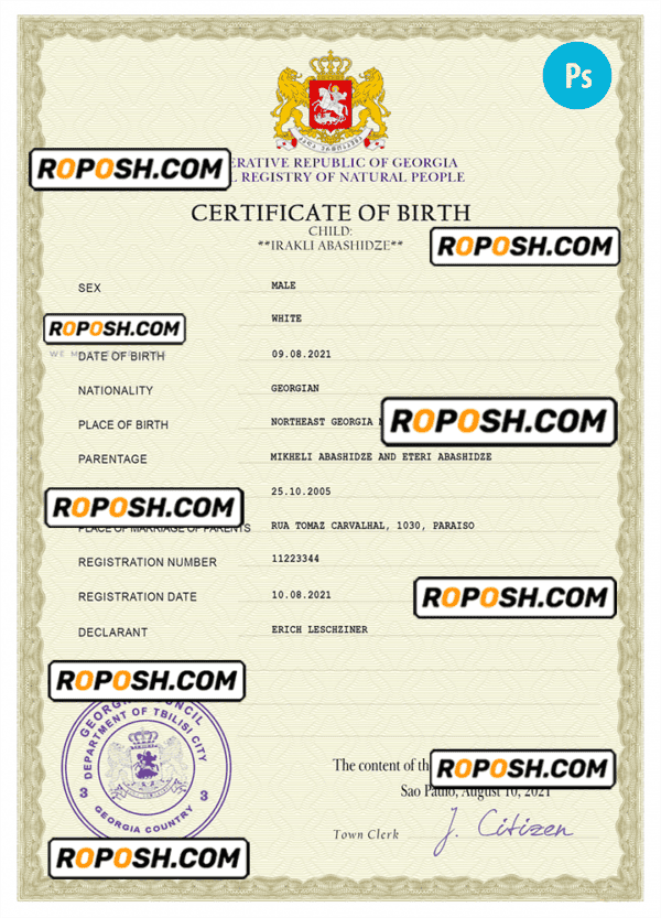 Georgia vital record birth certificate PSD template
