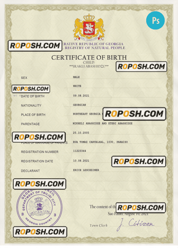 Georgia vital record birth certificate PSD template
