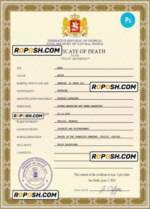 Georgia vital record death certificate PSD template, fully editable