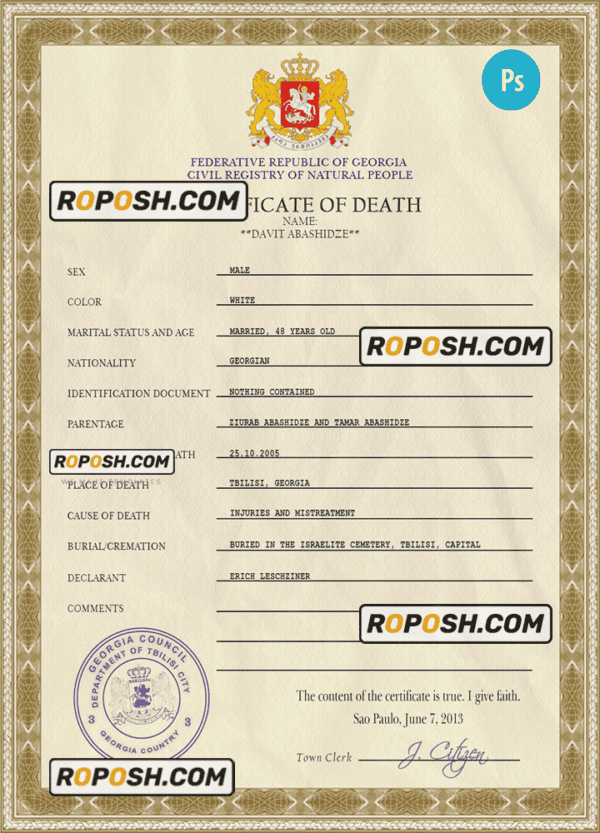 Georgia vital record death certificate PSD template, fully editable