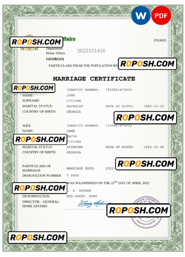 Georgia marriage certificate Word and PDF template, fully editable