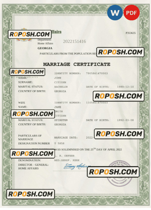 Georgia marriage certificate Word and PDF template, fully editable