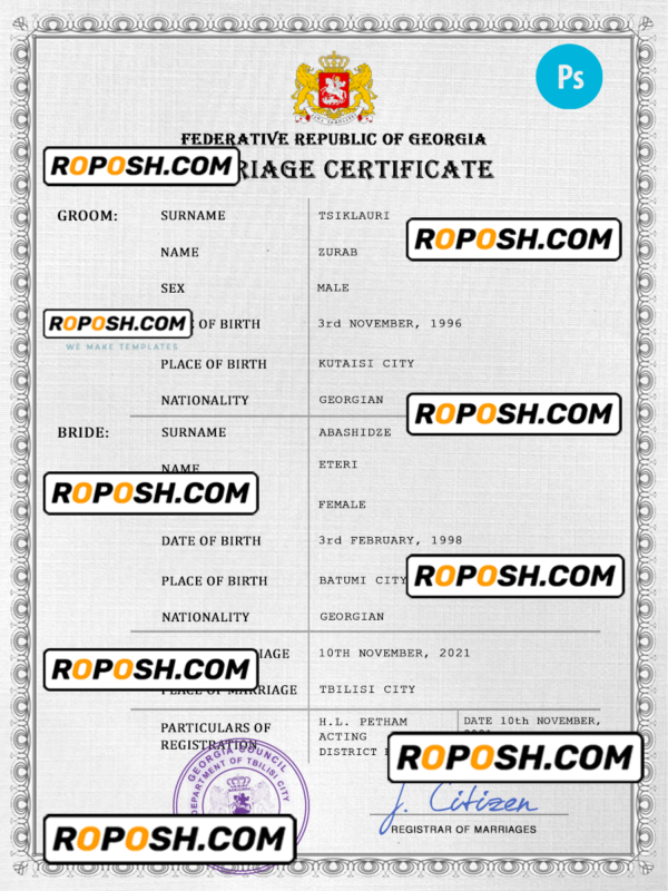 Georgia marriage certificate PSD template, fully editable