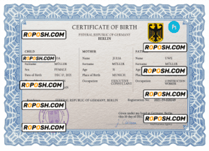 Germany vital record birth certificate PSD template, completely editable