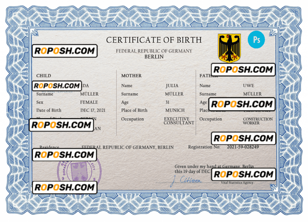 Germany vital record birth certificate PSD template, completely editable