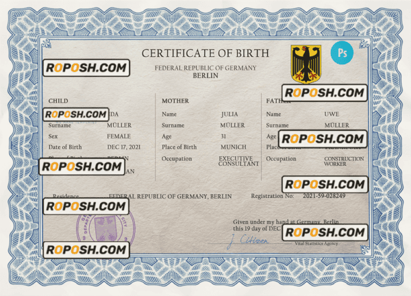 Germany vital record birth certificate PSD template, completely editable