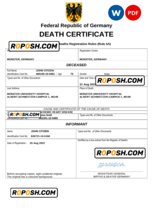 Germany death certificate Word and PDF template, completely editable