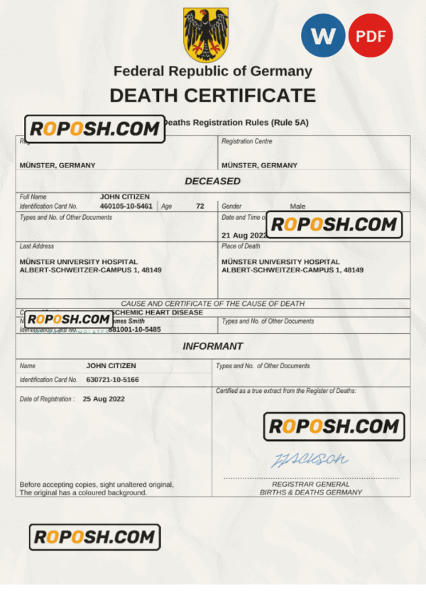 Germany death certificate Word and PDF template, completely editable