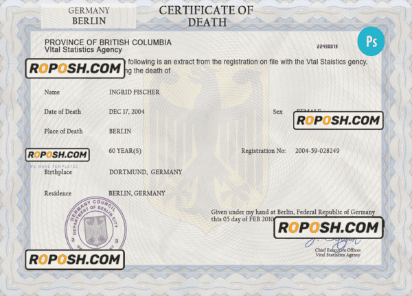 Germany death certificate PSD template, completely editable