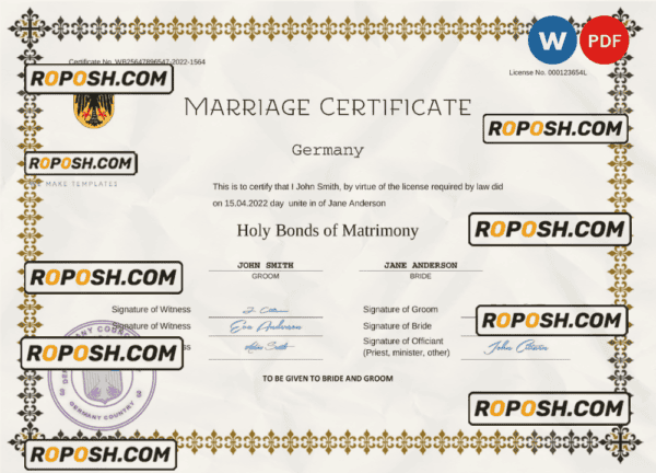 Germany marriage certificate Word and PDF template, completely editable