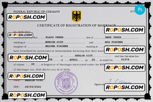 Germany marriage certificate PSD template, completely editable