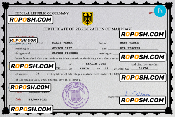Germany marriage certificate PSD template, completely editable