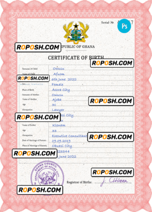 Ghana vital record birth certificate PSD template, completely editable