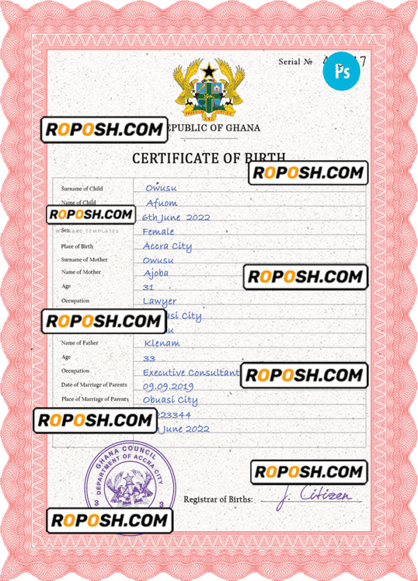 Ghana vital record birth certificate PSD template, completely editable