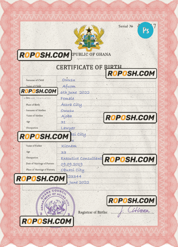 Ghana vital record birth certificate PSD template, completely editable