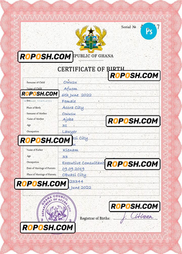 Ghana Vital Record Birth Certificate Psd Template Completely Editable Roposh 4455