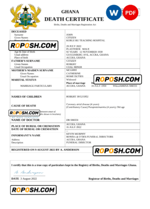 Ghana vital record death certificate Word and PDF template