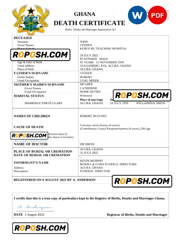 Ghana vital record death certificate Word and PDF template
