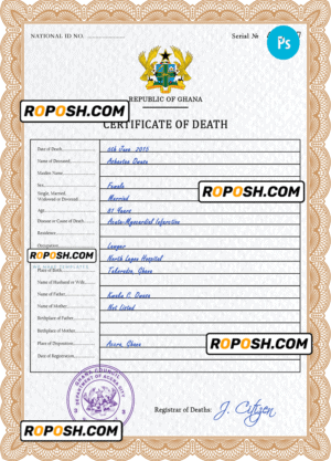 Ghana vital record death certificate PSD template, completely editable