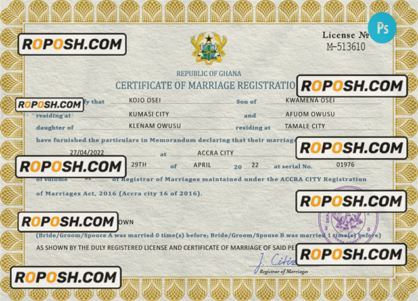 Ghana marriage certificate PSD template, fully editable scan effect