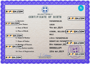 Greece birth certificate PSD template, completely editable