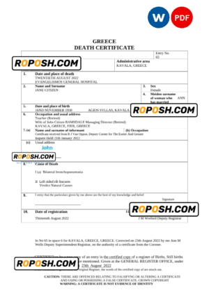 Greece death certificate Word and PDF template, completely editable