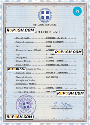 Greece vital record death certificate PSD template
