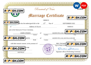 Greece marriage certificate Word and PDF template, completely editable