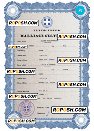 Greece marriage certificate PSD template, completely editable