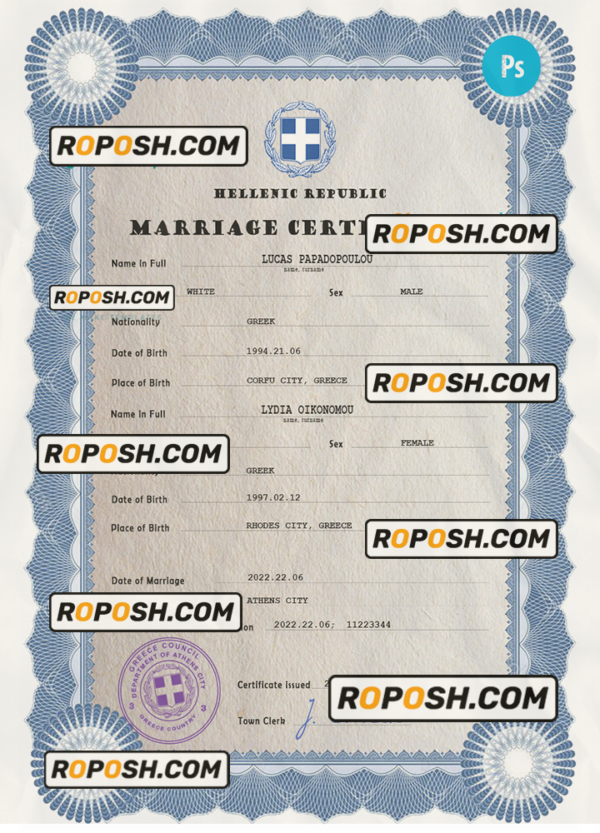 Greece marriage certificate PSD template, completely editable scan effect