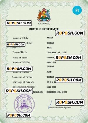 Grenada vital record birth certificate PSD template, fully editable