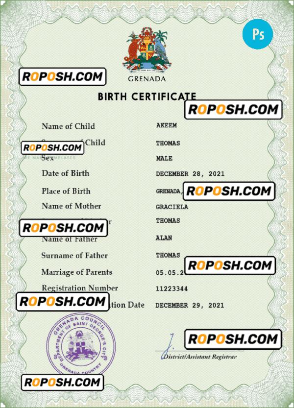 Grenada vital record birth certificate PSD template, fully editable