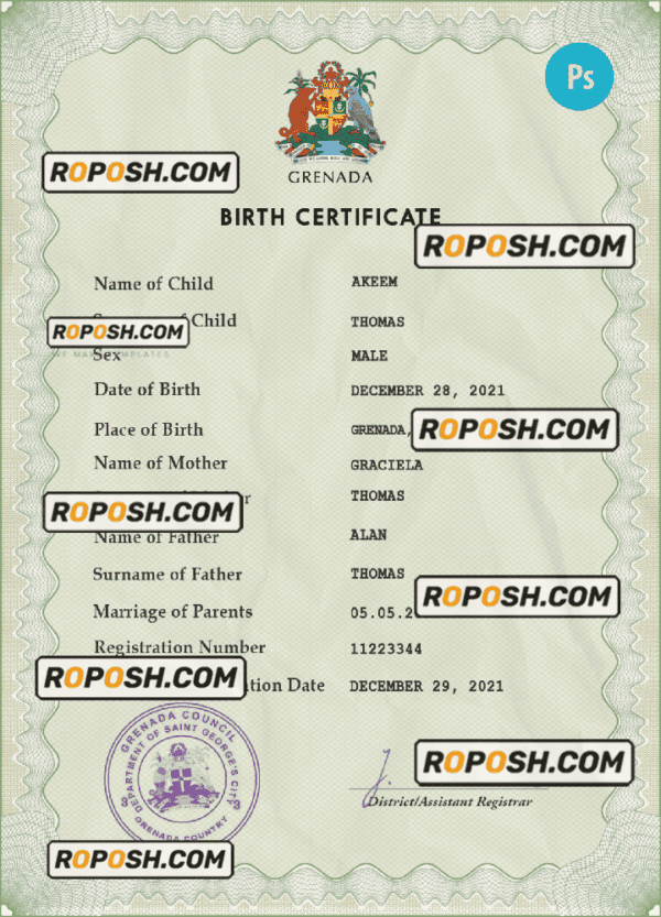 Grenada vital record birth certificate PSD template, fully editable