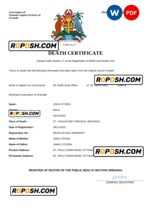 Grenada vital record death certificate Word and PDF template