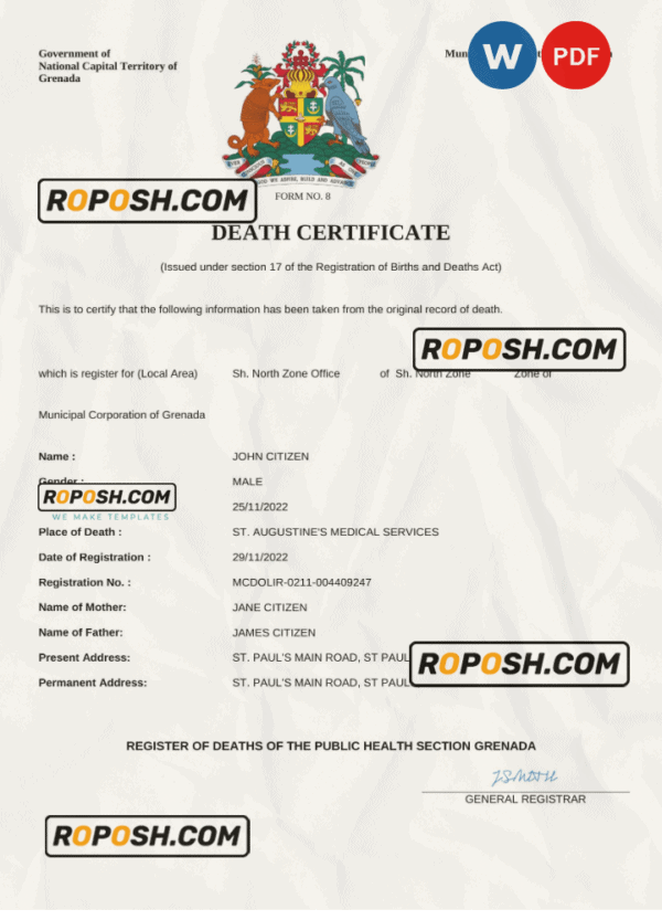 Grenada vital record death certificate Word and PDF template