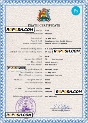 Grenada death certificate PSD template, completely editable